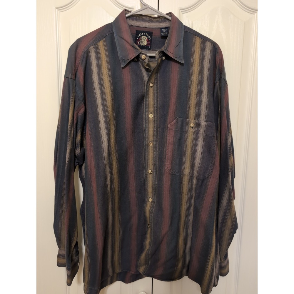Vintage Mens Salty Dog Cotton Striped Long Sleeve Button Up Shirt Sz XL